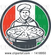 Vector Clip Art of Retro Male Chef Holding a Pizza Pie in an Italian Flag Circle by Patrimonio