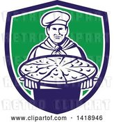 Vector Clip Art of Retro Male Chef Holding a Pizza Pie on a Blue White and Green Shield by Patrimonio
