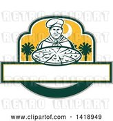 Vector Clip Art of Retro Male Chef Holding a Pizza Pie with Palmetto Trees by Patrimonio