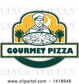 Vector Clip Art of Retro Male Chef Holding a Pizza Pie with Text and Palmetto Trees by Patrimonio