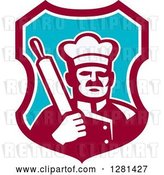 Vector Clip Art of Retro Male Chef Holding a Rolling Pin over His Shoulder in a Maroon White and Blue Shield by Patrimonio