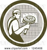 Vector Clip Art of Retro Male Chef Inserting a Pizza and Peel in a Brick Oven by Patrimonio