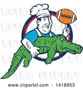 Vector Clip Art of Retro Male Chef Twirling a Football on His Finger and Carrying an Alligator by Patrimonio