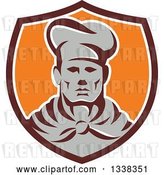 Vector Clip Art of Retro Male Chef Wearing a Toque and Uniform in a Brown White and Orange Shield by Patrimonio