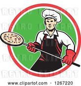 Vector Clip Art of Retro Male Chef with a Pizza on a Peel in a Red White and Green Circle by Patrimonio