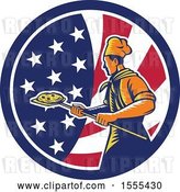 Vector Clip Art of Retro Male Chef with a Pizza on a Peel in an American Flag Circle by Patrimonio