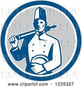 Vector Clip Art of Retro Male Chef with a Plate and Rolling Pin in a Gray White and Blue Circle by Patrimonio