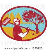Vector Clip Art of Retro Male Cleaner Holding a Broom over His Shoulder, Inside an Oval with a Pandanus Tree and Coast by Patrimonio