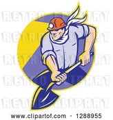 Vector Clip Art of Retro Male Coal Miner Digging with a Spade Shovel, with Light Shining from His Helmet, in a Yellow and Purple Circle by Patrimonio