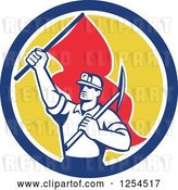 Vector Clip Art of Retro Male Coal Miner Holding a Pickaxe and Red Flag in a Circle by Patrimonio