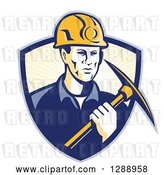 Vector Clip Art of Retro Male Coal Miner Holding a Pickaxe in a Blue and Pastel Yellow Sunshine Shield by Patrimonio