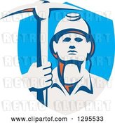 Vector Clip Art of Retro Male Coal Miner Holding a Pickaxe in a Blue Shield by Patrimonio