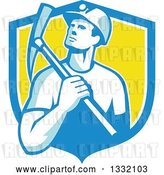 Vector Clip Art of Retro Male Coal Miner Holding a Pickaxe in a Blue White and Yellow Shield by Patrimonio