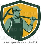 Vector Clip Art of Retro Male Coal Miner Holding a Pickaxe in a Green White and Yellow Shield by Patrimonio
