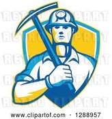 Vector Clip Art of Retro Male Coal Miner Holding a Pickaxe in a Yellow Blue and White Shield by Patrimonio