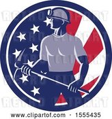 Vector Clip Art of Retro Male Coal Miner Holding a Pickaxe in an American Flag Circle by Patrimonio