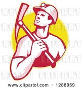 Vector Clip Art of Retro Male Coal Miner Holding a Pickaxe over His Shoulder in a Yellow Circle by Patrimonio