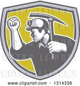 Vector Clip Art of Retro Male Coal Miner Holding up a Fist and a Pickaxe in a Gray White and Green Shield by Patrimonio