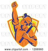 Vector Clip Art of Retro Male Coal Miner Holding up a Fist and a Pickaxe in a Yellow and Orange Shield by Patrimonio