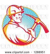 Vector Clip Art of Retro Male Coal Miner in Profile, Holding a Pickaxe in a Yellow and Blue Circle of Sunshine by Patrimonio