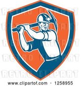 Vector Clip Art of Retro Male Coal Miner Swinging a Pickaxe in an Orange Blue and White Shield by Patrimonio