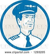 Vector Clip Art of Retro Male Commercial Aircraft Pilot in a Blue White and Tan Circle by Patrimonio