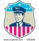Vector Clip Art of Retro Male Commercial Aircraft Pilot in an American Themed Shield by Patrimonio
