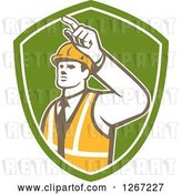 Vector Clip Art of Retro Male Construction Builder Foreman Pointing in a Green and White Shield by Patrimonio
