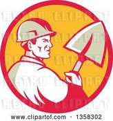Vector Clip Art of Retro Male Construction Worker Builder Holding a Shovel in a Red and Yellow Circle by Patrimonio