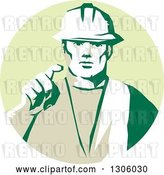 Vector Clip Art of Retro Male Construction Worker Builder Pointing Outwards in a Pastel Green Circle by Patrimonio