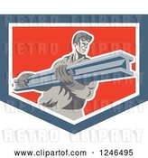Vector Clip Art of Retro Male Construction Worker Carrying a Beam in a Shield by Patrimonio