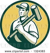 Vector Clip Art of Retro Male Construction Worker Carrying a Sledgehammer in a Green and Yellow Circle by Patrimonio