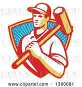 Vector Clip Art of Retro Male Construction Worker Carrying a Sledgehammer in a Shield of Rays by Patrimonio
