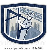 Vector Clip Art of Retro Male Construction Worker Climbing Scaffolding in a Shield by Patrimonio