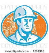 Vector Clip Art of Retro Male Construction Worker Emerging from an Orange and Blue Oval with Pylons by Patrimonio