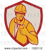 Vector Clip Art of Retro Male Construction Worker Giving a Thumb up in a Red and Taupe Shield by Patrimonio