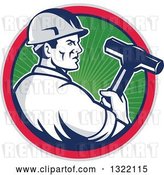 Vector Clip Art of Retro Male Construction Worker Holding a Sledgehammer in a Green Ray, Blue, Pink and Gray Circle by Patrimonio