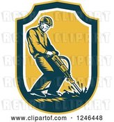 Vector Clip Art of Retro Male Construction Worker Operating a Jackhammer in a Shield by Patrimonio