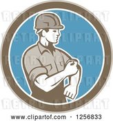 Vector Clip Art of Retro Male Construction Worker Rolling up His Sleeve in a Brown White and Blue Circle by Patrimonio