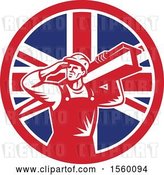 Vector Clip Art of Retro Male Construction Worker Shielding His Eyes and Carrying a Beam in a Union Jack Flag Circle by Patrimonio