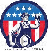 Vector Clip Art of Retro Male Construction Worker Toasting and Carrying a Beer Keg in an American Circle by Patrimonio