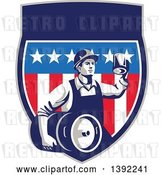 Vector Clip Art of Retro Male Construction Worker Toasting and Carrying a Beer Keg in an American Shield by Patrimonio
