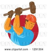 Vector Clip Art of Retro Male Construction Worker Using a Sledgehammer and Emerging from a Red Circle by Patrimonio