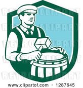Vector Clip Art of Retro Male Cooper Barrel Maker Holding a Mallet over a Drum in a Green White and Blue Shield by Patrimonio