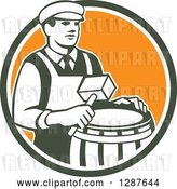 Vector Clip Art of Retro Male Cooper Barrel Maker Holding a Mallet over a Drum in a Green White and Orange Circle by Patrimonio
