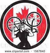 Vector Clip Art of Retro Male Cyclist Carrying a Bicycle on His Back in a Canadian Flag Circle by Patrimonio
