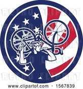 Vector Clip Art of Retro Male Cyclist Carrying a Bicycle on His Back in an American Flag Circle by Patrimonio