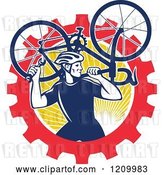 Vector Clip Art of Retro Male Cyclist Carrying a Bicycle over a Gear and Sun Circle by Patrimonio