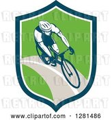 Vector Clip Art of Retro Male Cyclist in a Blue White and Green Shield by Patrimonio