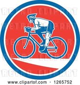 Vector Clip Art of Retro Male Cyclist in a Blue White and Red Circle by Patrimonio